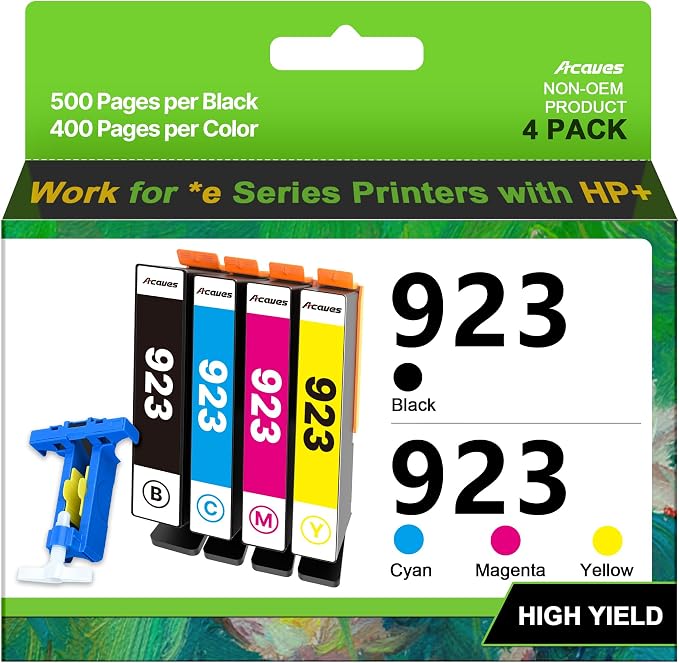 Compatible HP923 Replacement for HP 923 Ink Cartridges (Black Cyan Magenta Yellow, 4-Pack, Without Chip) Work with HP Officejet Pro 8130e 8120e 8135e 8139e 8120e 8125e Printers