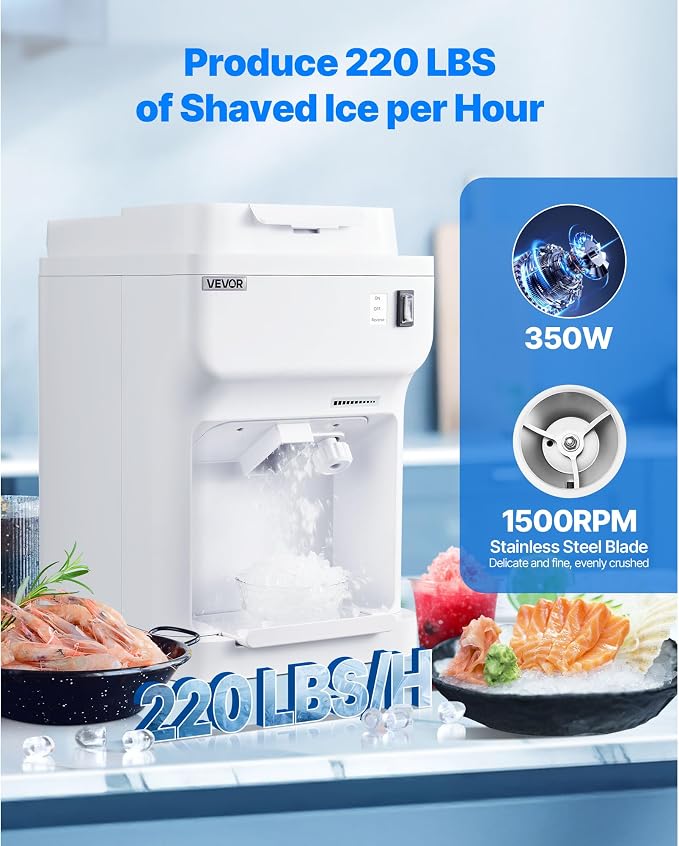 VEVOR Ice Shaver Machine Electric Snow Cone Machine, 265 LBS/H Shaved Ice Machine 250W Ice Crusher Triple Blades Tabletop Shaved Ice Maker with Adjustable Fineness for Home and Commercial Use