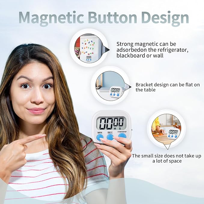 4 Pack Digital Kitchen Timer Magnetic Digital Timer with Big Display Loud Ring Cooking Timers for Cooking, Game, Gym, Break Time, Classroom (4, Pink, Purple, Green, White)