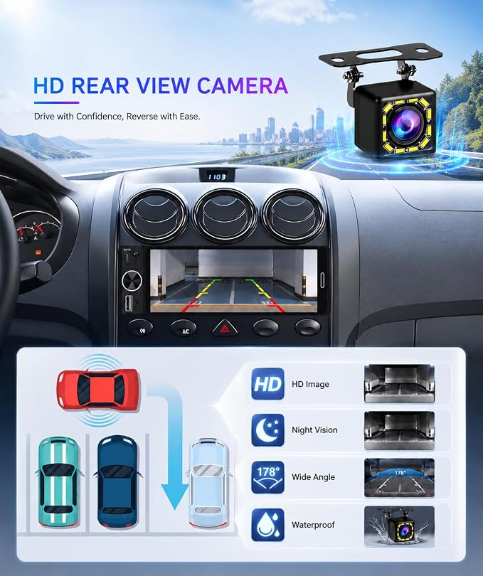 6.5" Wireless Single Din Car Stereo with Apple CarPlay, 720x1280 HD in-Cell Touchscreen, FM Radio with Bluetooth 5.2, USB & Type-C Fast Charging, SWC, Backup Camera, Android Auto, Hands-Free with Mic