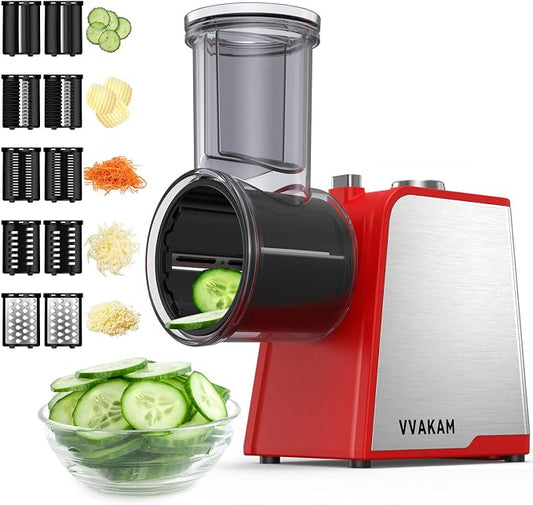 Electric Cheese Grater, 300W DC Motor Rotary Cheese Grater with 5 Different Shapes of Blades, Vegetable Cutter for Potato, Nuts, Kitchen Chopper with Non-slip Suction Base, Red