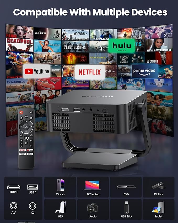 [Built-in Apps/Dolby Audio] FUDONI Smart Projector with WiFi 6 and Bluetooth, 1080P Full HD Projector with Netflix/ Prime Video/Youtube, Zoom Correction, Movie Proyector for Home & Outdoor