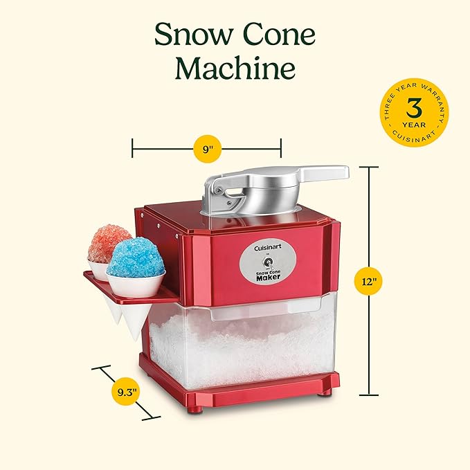 Cuisinart Snow Cone Machine, Home Shaved Ice Maker for Snow Cones, Snow Cone Maker with Reuseable Paper Cups, Makes 5 ICY Cones for Slushies, Frozen Drinks, Red, SCM-10P1