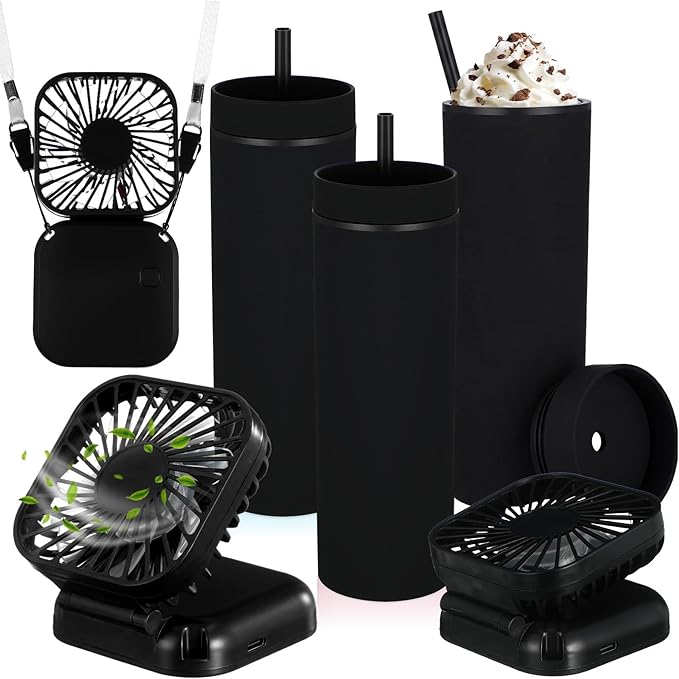 Reallnaive 6 Pcs Skinny Tumbler Bulk and Mini Portable Fans Set for Summer, 16 oz Plastic Cups with Lids Straws and Small USB Rechargeable Handheld Fan for Cooling Gift (Black)
