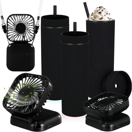 Reallnaive 6 Pcs Skinny Tumbler Bulk and Mini Portable Fans Set for Summer, 16 oz Plastic Cups with Lids Straws and Small USB Rechargeable Handheld Fan for Cooling Gift (Black)