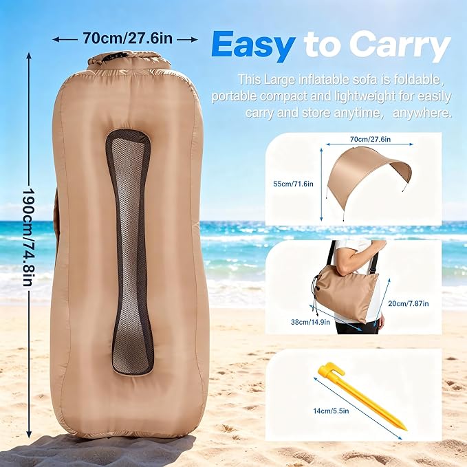 Inflatable Lounger Air Sofa with Unique Sun-Shade, Waterproof Inflatable Beach Bed with Electric Pump, Lightweight Air Hammock Chair for Hiking Backyard Travel Beach Park Picnics（Beige）