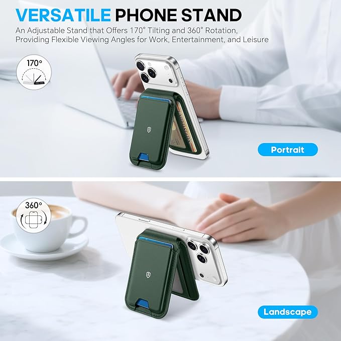 SHIELDON Strong Magnetic Wallet for Magsafe, Genuine Leather Adjustable Stand 6 Card Holders Quick Access ID Window, Mag Wallet Compatible with iPhone 17/16/15/14/13/12 Series Women Men - Evergreen