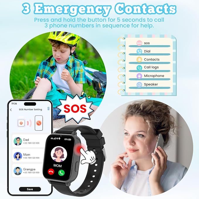 4G Kids Smart Watch GPS Tracker, Smartwatch for Kid with Video Calling, Voice Chat, Class Mode, SOS, Pedometer, Alarm, SIM Card HD Touch Screen Phone Watch Gift for 4-12 Girls Boys (Black)