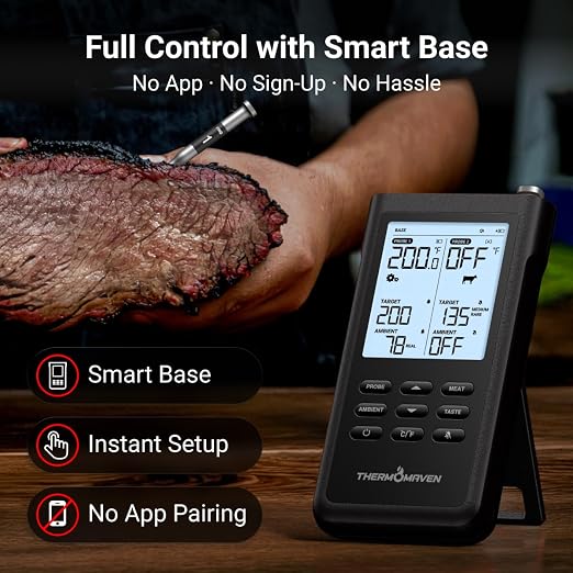 ThermoMaven 3000FT Smart Wireless Meat Thermometer – Sub-1G Long Range, 6 Sensors NIST Certified Accuracy, 2 Thin Probes, Standalone Base with Large LCD for Grill, Smoker, Oven, BBQ, Black