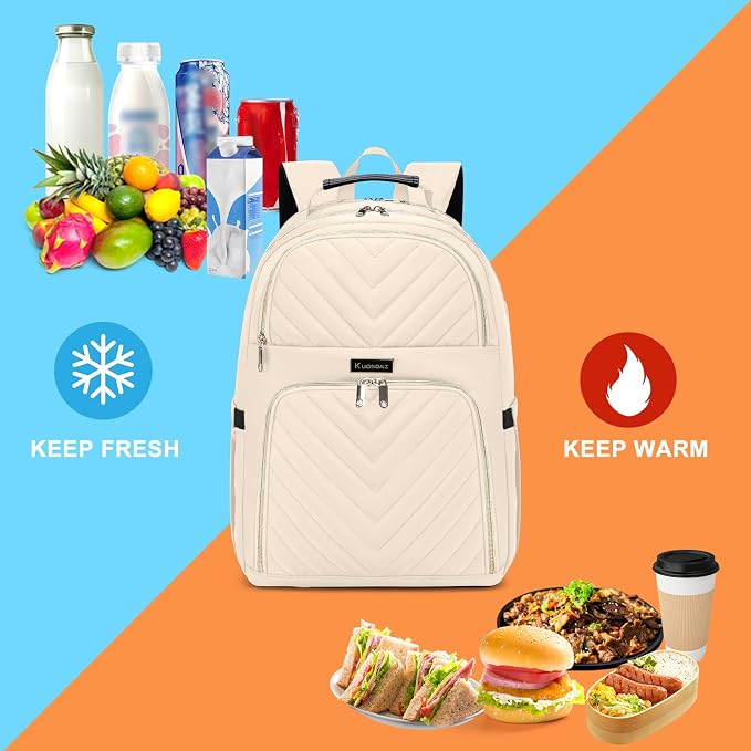 Lunch Backpack for Women, Water Resistant Insulated Cooler Lunch Bag, 15.6 inch Laptop Backpacks with USB Port, Picnic Backpack with Lunch Box for College Work Camping Beaches, Beige