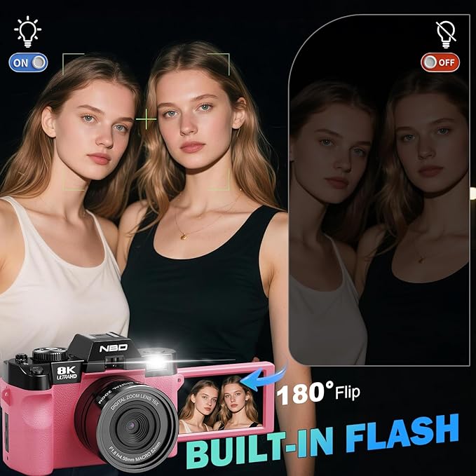 8K Digital Cameras for Photography 64MP - 16X Zoom Autofocus, WiFi, 180° Flip Screen with Wide-Angle & Macro Lens, Vlogging Camera for YouTube Travel with 64GB TF Card, 2 Batteries & Mic (Pink)