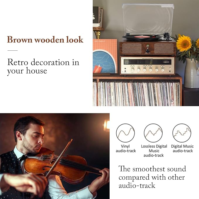 Vinyl Record Player with Built-in Speakers and USB,Belt-Driven Bluetooth Turntable with 3 Speed AUX Input Headphone Jack and RCA Output Vintage Wooden Coffee