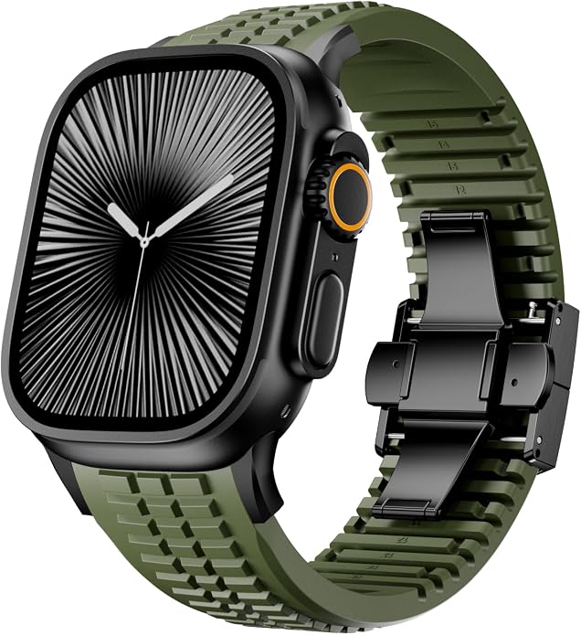 Silicone Watch Band Compatible with iWatch Ultra 2 / Ultra/Series 10 9 8 7 (44mm 45mm 46mm 49mm), Sport bands with Folding buckle, Rugged Heavy Duty Modern Design for Men
