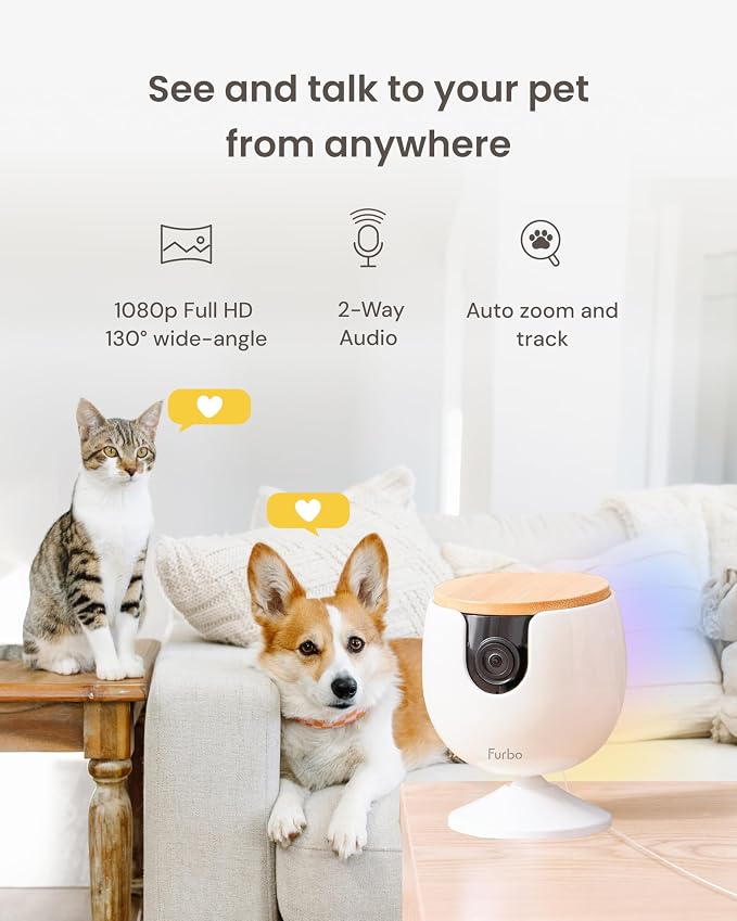 Furbo Mini Pet Camera: Basic See & Talk Features, No AI Alerts, No Subscription Required, Pet Security Cam w/Barking/Meowing Alerts, Rotating View, 2-Way Audio, Smart Home Monitoring