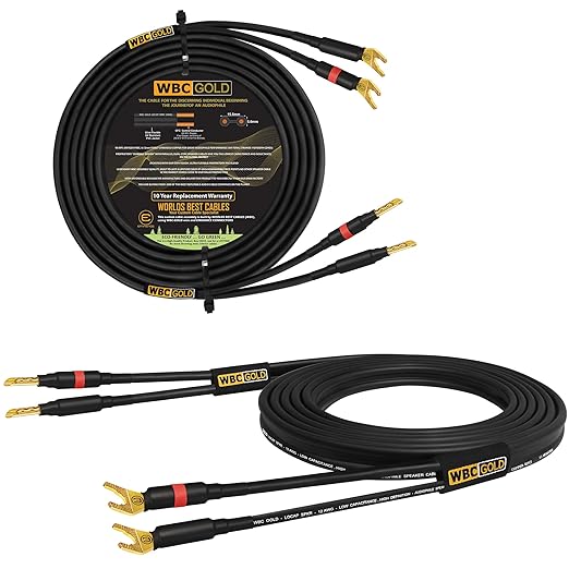 WORLDS BEST CABLES 5 Foot WBC-GOLD-LOCAP-SPKR-12 AWG - Low-Capacitance - Low-Inductance - High Purity OFC - Audiophile HiFi Speaker Cable Pair with Eminence Gold Banana (x2) & Spade (x2) Plugs