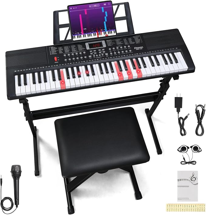 Ktaxon 61 Key Keyboard Piano Electric Keyboard w/Lighted Keys, Electric Piano Set with Headphones, Microphone, Music Rest, Power Adapter, Stand, Piano Bench and Manual (Full-Black)