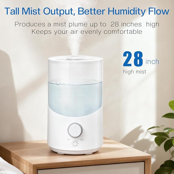 Cool Mist Humidifier for Bedroom, 3L Top Fill Ultrasonic Air Humidifier with Adjustable Knob Control, Quiet Operation, Auto Shut-Off, BPA-Free for Home, Baby, Office, Plants 6L