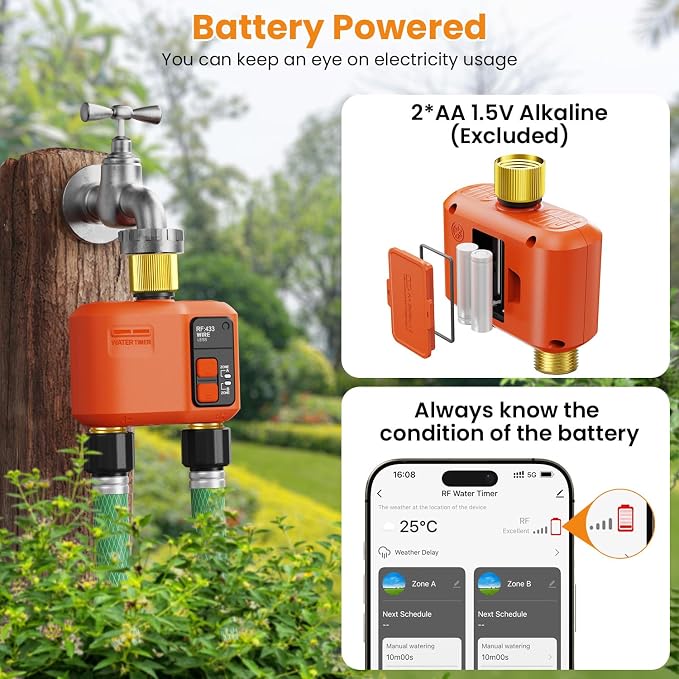 WiFi Water Timer for Garden Hose 2‑Zone, Smart Hose Timer with 984ft Long‑Range & Strong Wall‑Penetration, APP & Control,Voice Control, Rain Delay & Manual Mode, Brass Inlet & Outlet