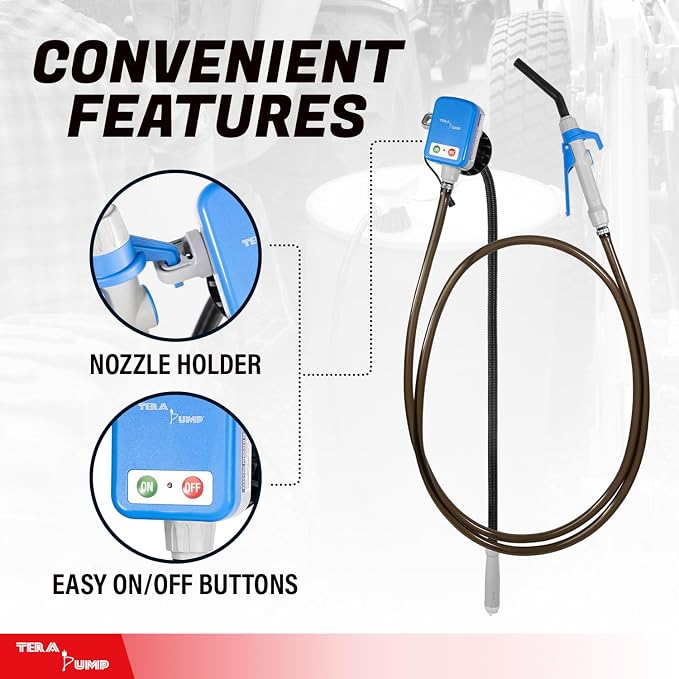 TERA PUMP Electric Powered 55 Gallon Drum Barrel Pump, 2.4GPM | Quick Stop Flow Control Nozzle, 9.8-ft XL Heavy-Duty Vinyl Hose, 39" Flexible Intake Hose, For DEF, Antifreeze, Washer Fluid
