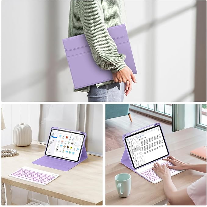 Soke for iPad (A16) 11th/10th Generation Case with Keyboard(2025/2022)-7 Color Backlight Wireless Detachable Folio Keyboard Cover with Built-in Pencil Holder for iPad 11/10.9 inch, Lilac