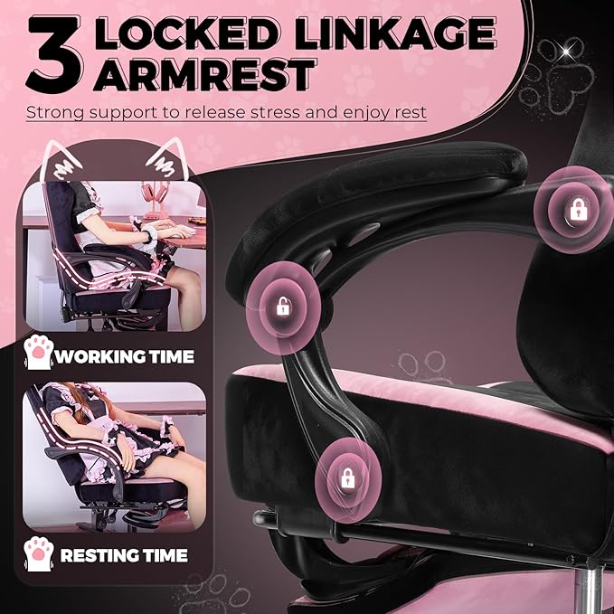 GTPOFFICE Cute Gaming Chair with Cat Ears,Ergonomic Computer Chair with Footrest Cat Paw Lumbar Support Comfortable Reclining Game Chair Desk Chair for Adult Teens, Soft Fabric, Pink Black