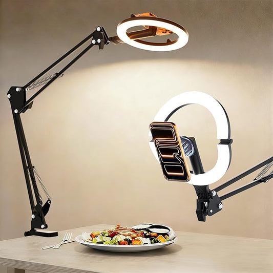 CloudValley Magnetic Overhead Phone Mount with 10" Ring Light, 5000mAh Desktop Tripod with Battery Display, Foldable LED Selfie Light with iPhone Stand for Video Recording Cooking, Live Streaming