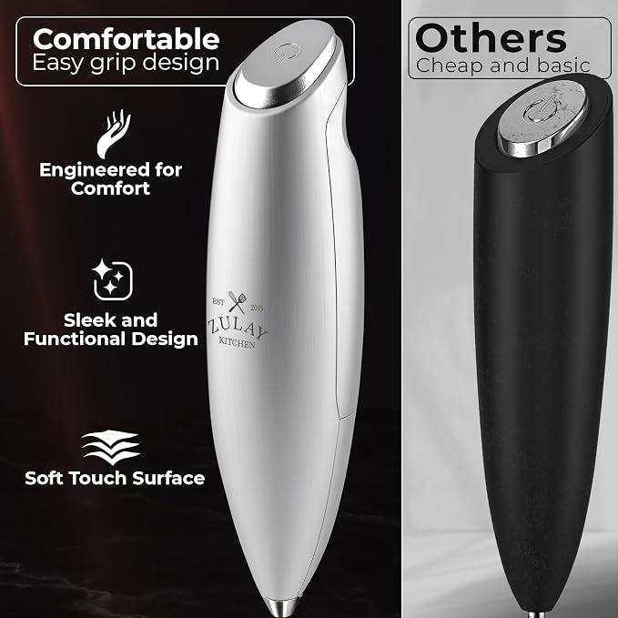 Zulay Kitchen Powerful Milk Frother Wand With Duracell Batteries - Ultra Fast Handheld Drink Mixer - Electric Whisk Foam Maker for Coffee, Lattes, Cappuccino & Matcha - Triple Whisk - Luminous Silver