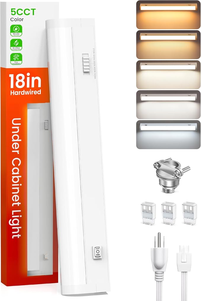 ALUSSO 18 Inch LED Under Cabinet Lighting Hardwired & Plug in 120V, 5CCT Color Selectable 2700K-5000K Dimmable 10W 850LM High Brightness, Strip Linkable Under Counter Lights for Kitchen Sink, 1 Pack