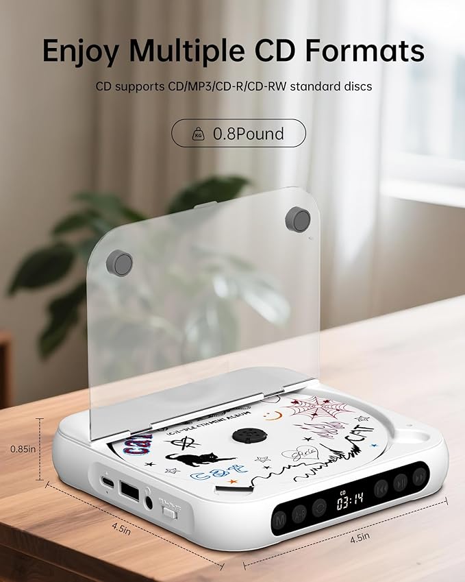 ENVYCLOUD CD Player Portable with Dual Stereo Speakers, Rechargeable Portable Player with Bluetooth for Home with Headphones, Support CD/AUX/USB,White