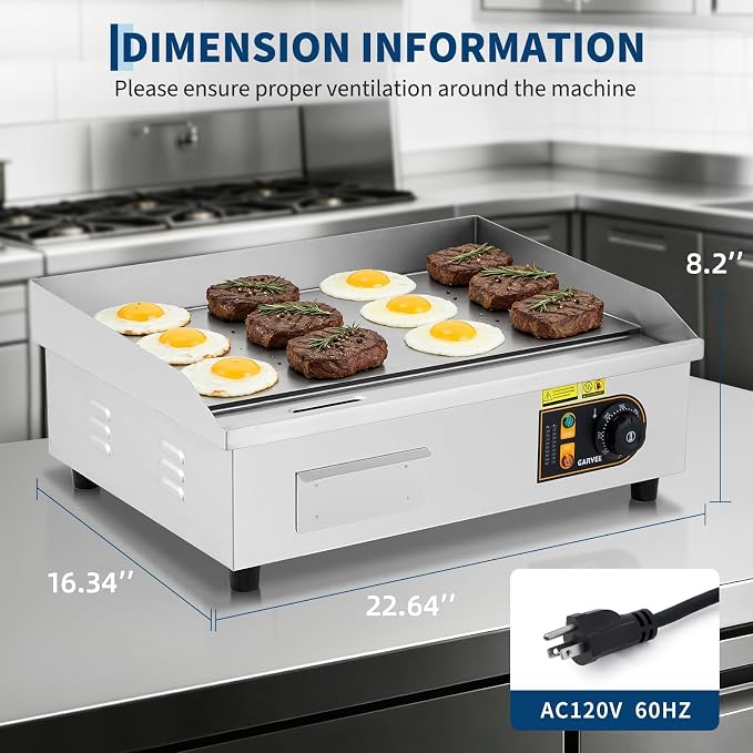 Garvee 22in Commercial Electric Flat Top Griddle Non-Stick for Breakfast Bars, Countertop Flat Top Grill with 2 Shovels and 2 Brushes for Roadside Stands, 122℉-572 ℉ Adjustable Temp