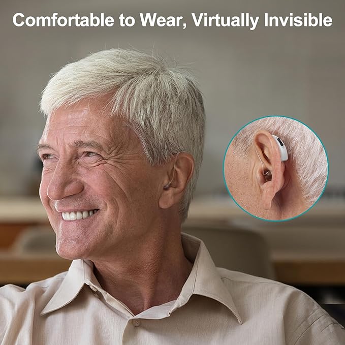 Rechargeable Hearing Aids for Seniors with Noise Reduction, BTE Hearing Aids for People with Mild Moderate Severe Hearing Loss, Dual Microphones, Comfortable Fit - Gray