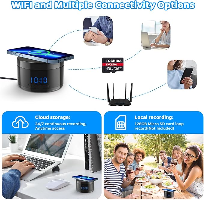 Indoor Security Camera | Clock & Wireless Charging, 1080P WiFi Cameras with Motion Detection, Night Vision, Local & Cloud Storage,with APP (Black)