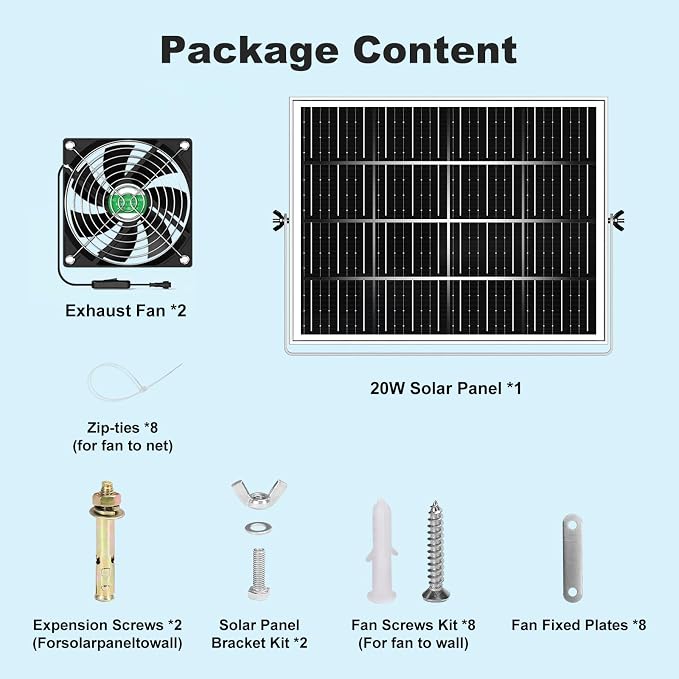 Solar Chicken Coop Fan 2 Kit, 20W Solar Powered Greenhouse Fan Outdoor Waterproof, Solar Exhaust & Intake Fans, Hi-Airflow for Shed Dog House Air Circulation Ventilation Cooling, No Battery