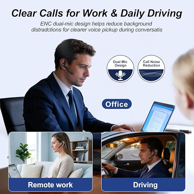 ONE LIFE Bluetooth Headset with Microphone, Bluetooth Earpiece for Work, Wireless Headset with Mic, 15H Talk Time, 500mAh Charging Case, Bluetooth 5.3, LED Display for Office, Laptop, Phone, Driving