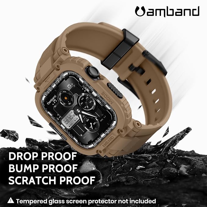 amBand Compatible with Apple Watch Series 11/10 42mm Bands Case for Men Women, M1 Sport Rugged Heavy Duty Protective Cover Tactical Strap Military Protector Bumper for iWatch Accessories - Desert Tan