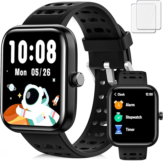 Smart Watch Kids，Fitness Watch for Kids with Health Monitor, Activities Track & Drinking/Rest/Homework Reminder, IP68 Waterproof Smartwatch with Puzzle Games, Boys Gift for Birthday, School-Black