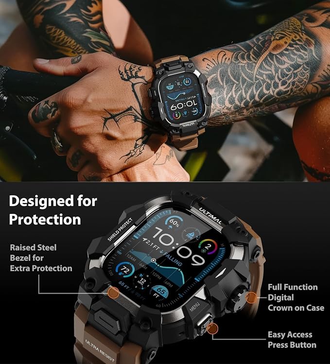 ULTIMAL Rugged Case with Band for Apple Watch 49mm,Compatible with Apple Watch Ultra 3/2/1, Military Grade Shockproof Bumper Cover for iWatch Tactical Band Men (Coffee Brown, 49mm)