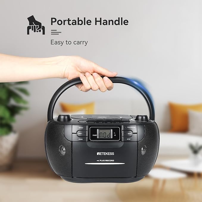 Retekess TR621 CD Player Boombox, Cassette Tape Player AM FM Radio, Stereo Sound, USB and TF Card Playback with Remote Control, Tape Recording, for Home(Black)