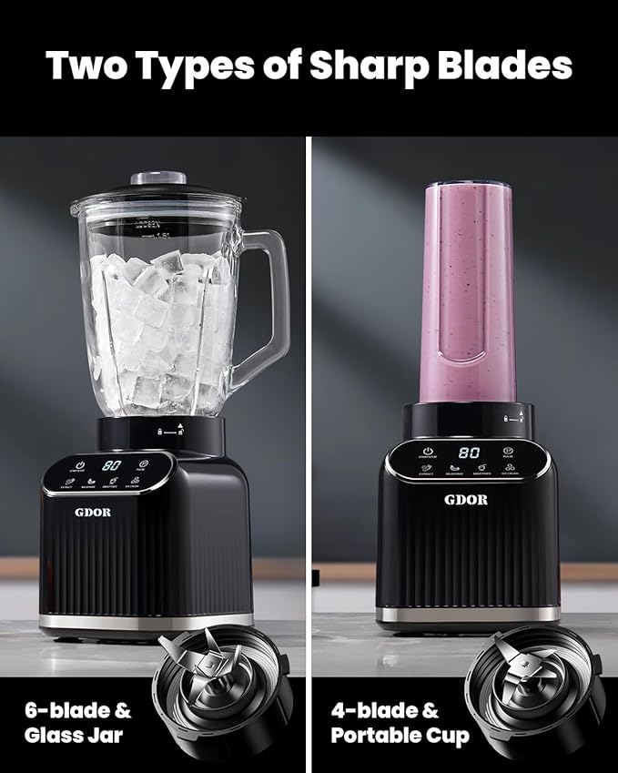 GDOR 1200W Professional Blender with 5 Smart Programs | High Speed Countertop Blender for Smoothies and Shakes, 52 Oz Glass Jar & 24 Oz To-Go Cup Combo, 6-Leaf Ice Crushing Blade, Self Cleaning, Black