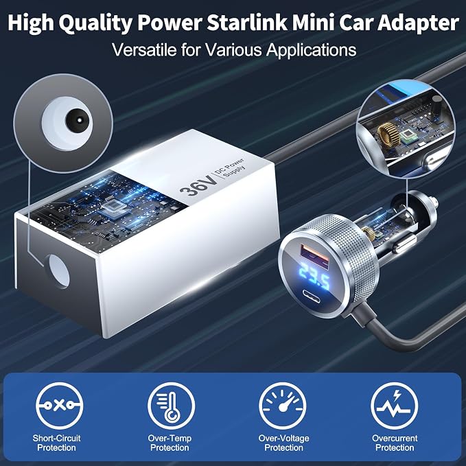 seynli Starlink Mini Car Adapter, Car Charger 12V/24 to 36V Step Up Converter Starlink Accessories, 1M/3.2ft Mini Cigarette Lighter Adapter for RV Truck/RV/Car, USB-C 45W/USB-A 18W Dual Ports