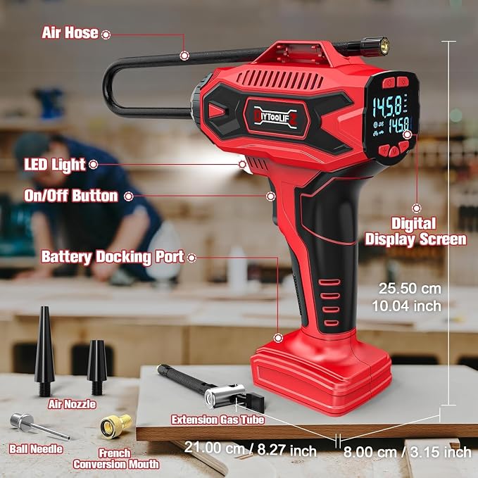 DIYtoolifz 160PSI Cordless Tire Inflator Air Compressor Compatible with Milwauke 18V Battery, Portable Air Pump with Digital Pressure Gauge, Fast Inflation for Cars Motorcycles Bikes Balls (Tool Only)