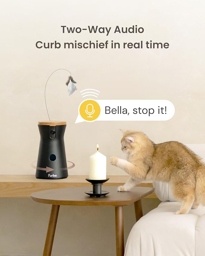 Furbo 360° Cat Camera: Basic See, Talk & Toss Features, No AI Alerts, No Subscription Required, Pet Security Cam w/Meowing Alerts, Rotating View, Treat Toss, 2-Way Audio, Smart Home Kitty Monitoring