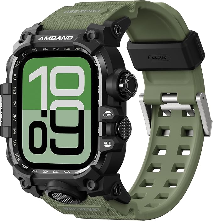 amBand Rugged Case with Band for Apple Watch 44mm, Compatible with iWatch Series SE 3/SE 2nd Generation/SE/6/5/4, Military Grade Shockproof Bumper Cover, Tactical Band for Men, Army Green