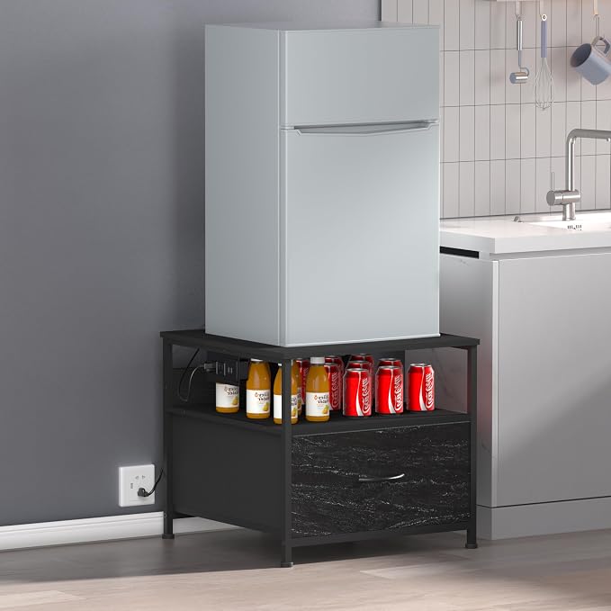 Unionly180 lb Mini Fridge Table with Drawer Fridge Shelf, Mini Fridge Cabinet with Storage,Heavy Duty Fridge Stand with Charging Station, 4 Adjustable Feet for Home Kitchen (Black)