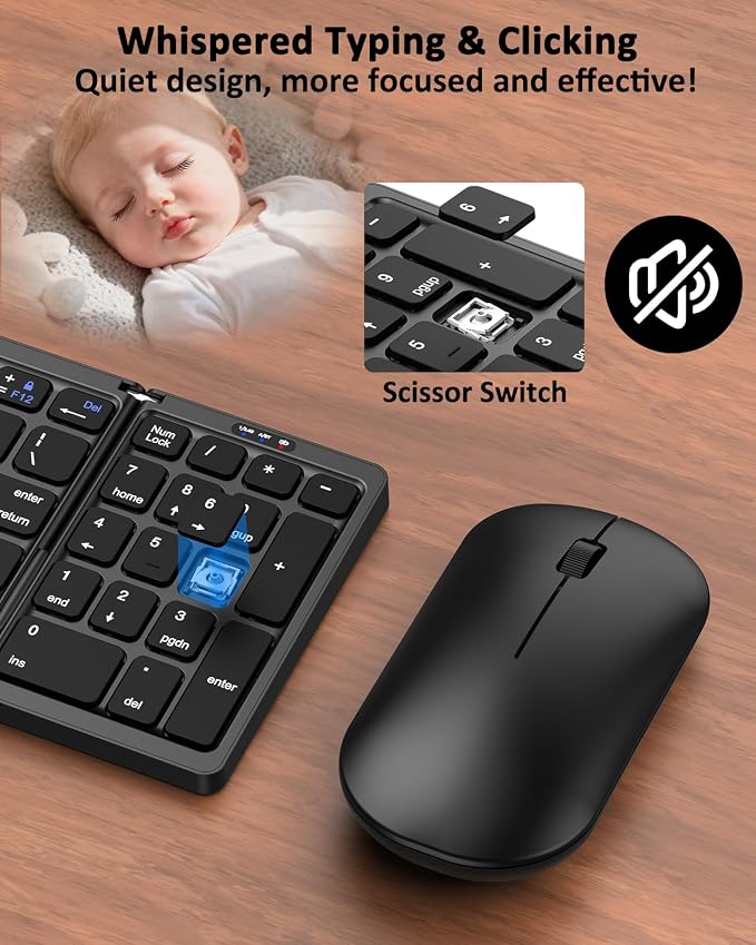 Foldable Keyboard and Mouse, Folding Wireless Keyboard Mouse Combo with Portable Case, Rechargeable 2.4G Wireless+Bluetooth Multi-Device Combo for Windows, iOS, Android, macOS PC/Laptop/Tablet