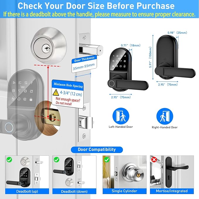 Smart keypad Door Lock with Handle，Fingerprint Keyless Entry Digital Lock with Built-in doorbell for Front Door,Bedroom,biometric Door knob, APP Control