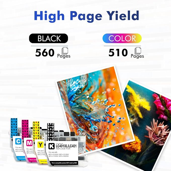 LC401XL LC401 MFC-J1010DW Ink Cartridges for Brother Printer 401XL LC 401 for MFC-J1010DW MFC-J1170DW MFC-J1012DW MFC-J1800DW MFC J1010DW - 4 Pack High Yields Black Cyan Magenta Yellow