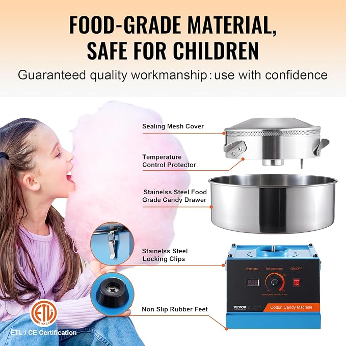 VEVOR Cotton Candy Machine Commercial, 1000W Electric Floss Maker with Stainless Steel Bowl, Sugar Scoop, Storage Drawer, Perfect for Home, Carnival, Kids Birthday, Family Party, Blue