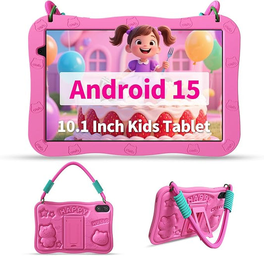VASOUN Android 15 Kids Tablet 10.1" HD IPS Display 8GB RAM (3+5GB Extended) 32GB Storage 6000mAh Battery WiFi 6 Parental Controls & Lanyard Included(Pink)