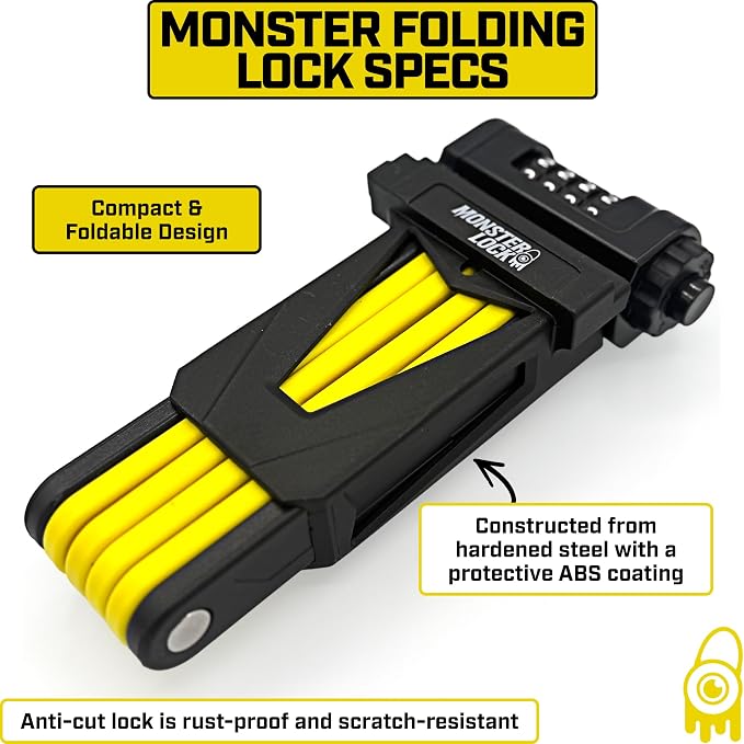 Monster Folding Bike Lock – Heavy-Duty Anti-Theft Hardened Steel, Rust-Proof, Foldable Compact High-Security Lock for Bicycle, Scooter & Motorcycle (Yellow Combo)
